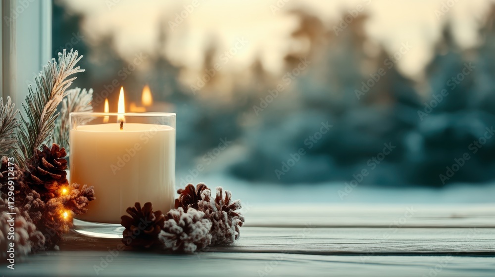 Poster the image captures a single lit candle surrounded by pinecones, representing warmth and serenity in 