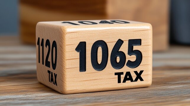 A wooden cube with the numbers 1120 and 1065 on it. Tax season concept.