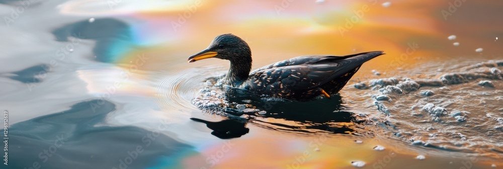 Poster oil spill disaster affecting seabird struggling in colorful sheen on ocean surface. generative ai