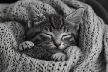 Naklejka premium A black and white kitten gently spits in a warm blanket, creating an atmosphere of calm. The black and white photo creates a sense of coziness, tenderness and serenity of the moment.