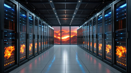 Fototapeta premium High tech server room with glowing data racks and fiery sunset view