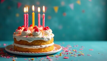 Delicious cake topped with candles and confetti, baking, special occasion