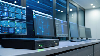 modern cybersecurity defense system with multiple monitors displaying data and analytics in high tech environment