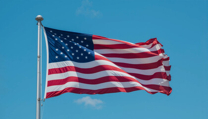 American Flag Waving Proudly. Memorial Day Tribute. Stars and Stripes Billowing Against a Clear Blue Sky, Symbolizing Patriotism