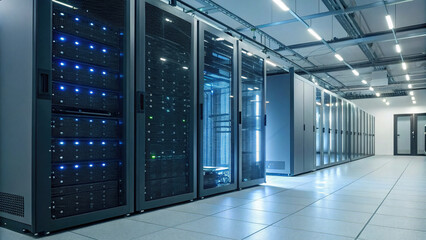 High tech server room with illuminated racks and modern design, showcasing advanced networking technology and efficient data management