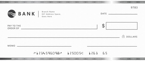 Blank bank check, checkbook cheque template with blue guilloche, vector mockup. Money payment bank check voucher or pay cash cheque certificate, account bill paycheck	