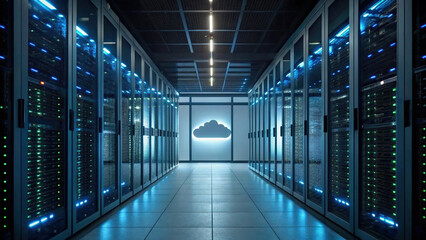 Obraz premium Futuristic data center with cloud symbol, showcasing advanced technology and security