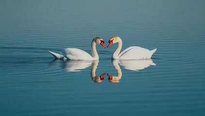 Fototapeta premium Graceful Swans Displaying Affection in Calm Water, Creating a Serene Reflection in a Tranquil Natural Setting of Blue and Green Hues