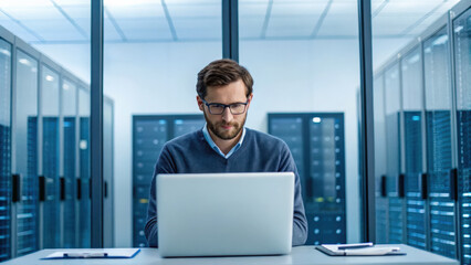 Data scientist optimizing machine learning models in server room, focused on work