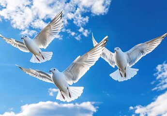 Fototapeta premium Graceful White Birds Soaring Against a Bright Blue Sky with Fluffy Clouds, Symbolizing Freedom and Peace in Nature's Beautiful Landscape
