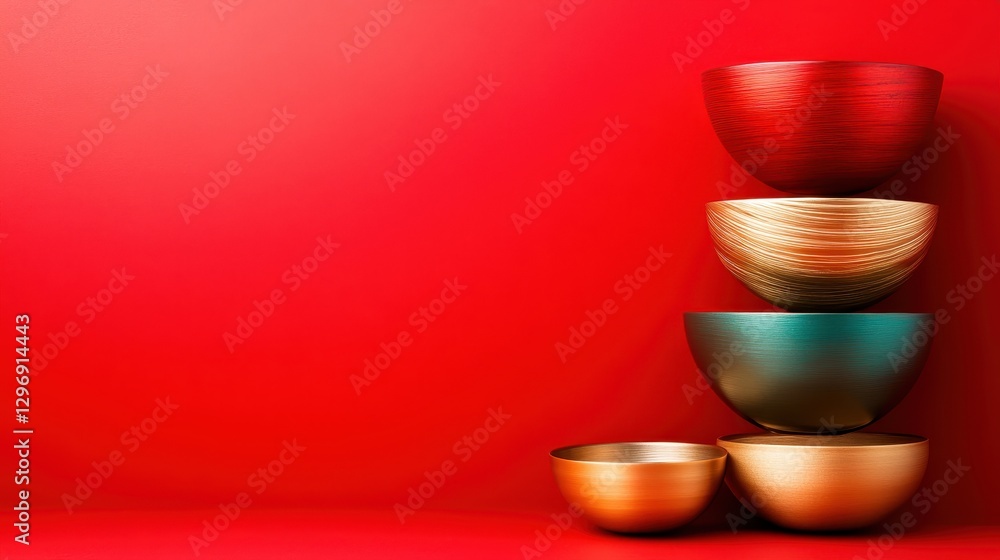 Poster a visually appealing arrangement of colorful bowls stacked against a vibrant red background, showcas