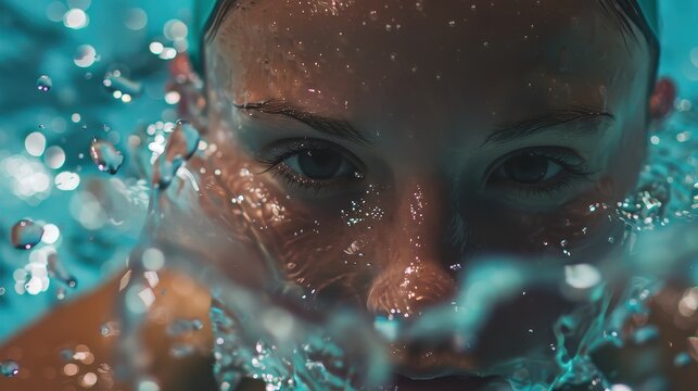 Determined female swimmer breaking through water with intensity - Powered by Adobe