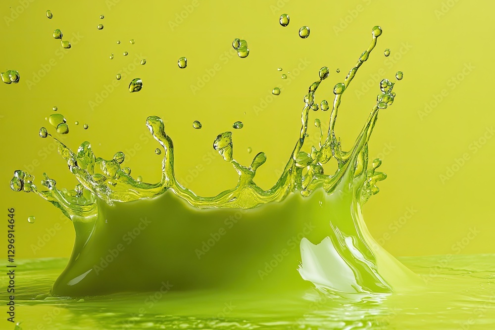 Poster stunning lime green liquid splashing dynamically against yellow background a vibrant image of refres