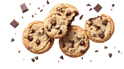 Chocolate chip cookies with a crunchy golden surface, scattered chocolate pieces, delicious homemade dessert, isolated on white background, PNG format, top view