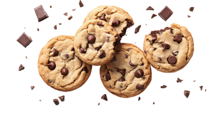 Chocolate chip cookies with a crunchy golden surface, scattered chocolate pieces, delicious homemade dessert, isolated on white background, PNG format, top view