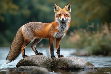 Fototapeta premium Beautiful Red Fox On Rocks, Focused And Ready To Strike / Nature Beauty. 