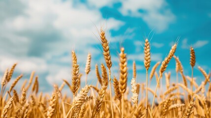 Fototapeta premium Golden Wheat Field Ready for Harvest Under Clear Blue Sky