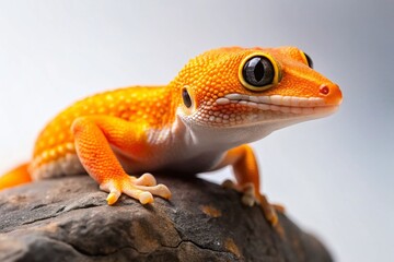 Naklejka premium Vibrant Orange Gecko Close-Up on Rock, Isolated White Background - Stock Photo