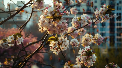 Obraz premium Blossoming Trees in White and Pink Frame Urban Landscape