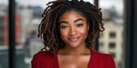 Obraz premium A young woman with curly hair showcases a warm smile while standing in front of a bright window. The modern urban background hints at a vibrant city atmosphere