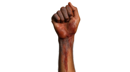 Clinched hand of a black origin is isolated on transparent background. 