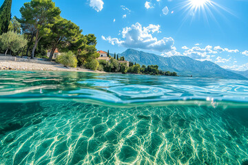 Fototapeta premium Coastal mediterranean town underwater view with sunny sky and serene sea