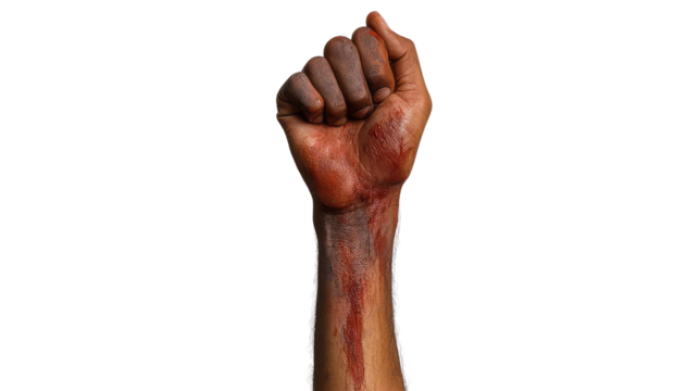 Clinched hand of a black origin is isolated on transparent background. 