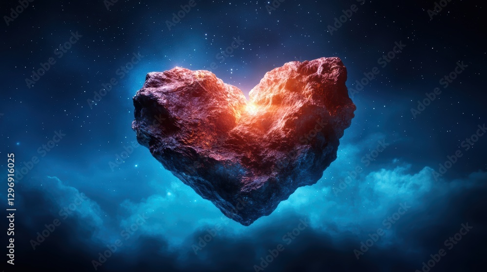 Poster an extraordinary visual of a heart-shaped rock illuminated by an inner glow, suspended in a cosmic s