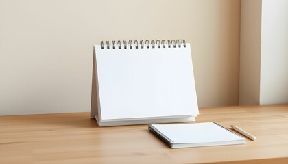 Minimalist desk setup, blank spiral calendar, white notepad, wooden table, beige wall background, clean workspace, natural lighting, office supplies, simple composition, organized desktop