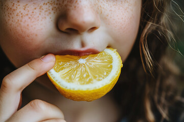 Close up of girl child eating lemon fruit