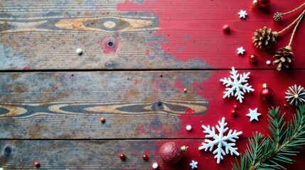 Fototapeta premium Rustic Wooden Surface Decorated with Festive Ornaments and Winter Greenery for Holiday Season Celebrations