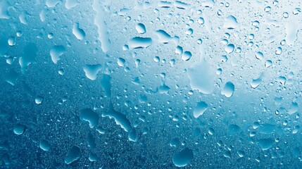 Condensation droplets on blue glass, blurred background, texture