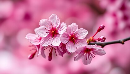 Fototapeta premium Cherry blossom, delicate pink petals, macro photography, shallow depth of field, soft focus, springtime, floral beauty, sakura branch, nature close-up, vibrant pink background, dreamy atmosphere