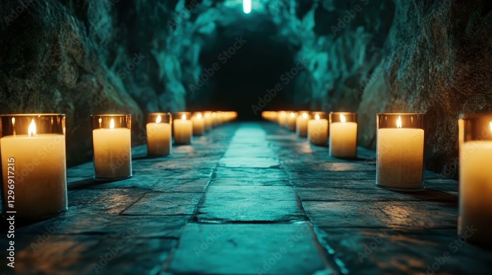 Aufkleber a series of glowing candles line a stone path in a dimly lit cave, creating an intimate atmosphere f