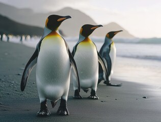 Fototapeta premium Group of Three Majestic King Penguins Walking Along the Seashore at Dusk with Mountains in the Background, Capturing the Beauty of Nature