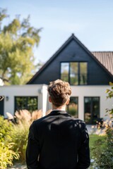 Real estate agent viewed from behind in front of a German house
