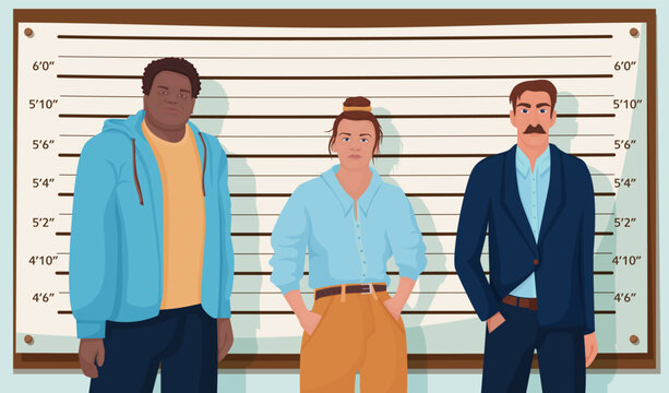 Group of cartoon criminal person standing at police lineup vector graphic illustration. Crime mafia dangerous people during identity parade. Man and woman malefactor or robbery suspects