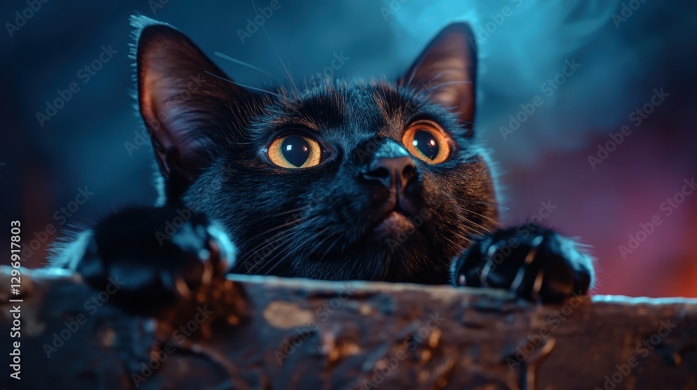Poster this captivating image features a black cat with piercing golden eyes, observing from a branch in a 