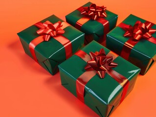 Obraz premium Brightly Wrapped Gifts in Green with Red Ribbons on Orange Background