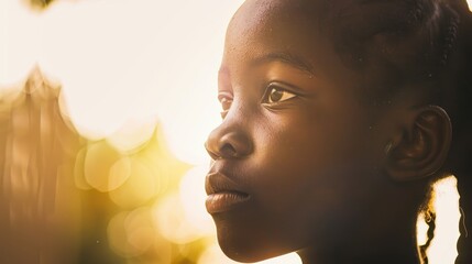 Determined girl advocates for human rights, abolition of slavery under natural daylight.