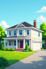 Fototapeta premium Charming Two-Story House with Front Porch, Garage, and Lush Green Lawn Under a Sunny Sky