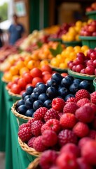 Variety of berries on display at a local market stall, assorted, colorful