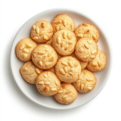 Photorealistic topdown view of Pignoli Cookies on a white plate