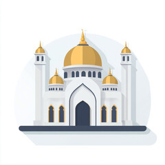 A mosque with a large central golden dome, flanked by four minarets and smaller domes, featuring intricate architectural details and a grand entrance.