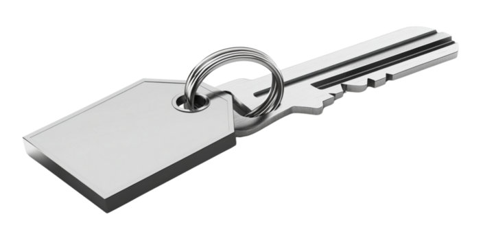 A silver key with a house-shaped tag on a transparent background