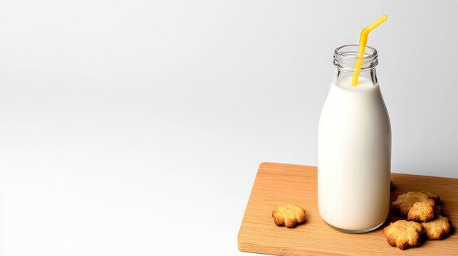 Fresh milk in bottle with yellow straw, accompanied by crunchy c