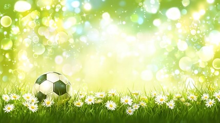 Soccer ball in spring meadow. Background bokeh. Stock photo
