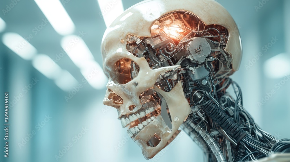 Poster this image depicts a cybernetic skull, showcasing intricate mechanical components inside a transpare