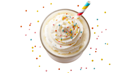 Milkshake with vanilla ice cream, whipped cream topping, and colorful sprinkles, classic American diner dessert, isolated on white background, PNG format, top view