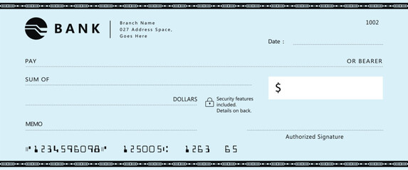 Blank bank cheque template design. Bank check template